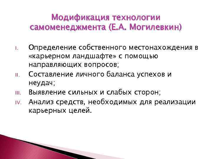 Модификация технологии самоменеджмента (Е. А. Могилевкин) I. II. IV. Определение собственного местонахождения в «карьерном