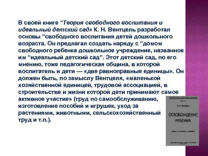 В своей книге “Теория свободного воспитания и идеальный детский сад» К. Н. Вентцель разработал