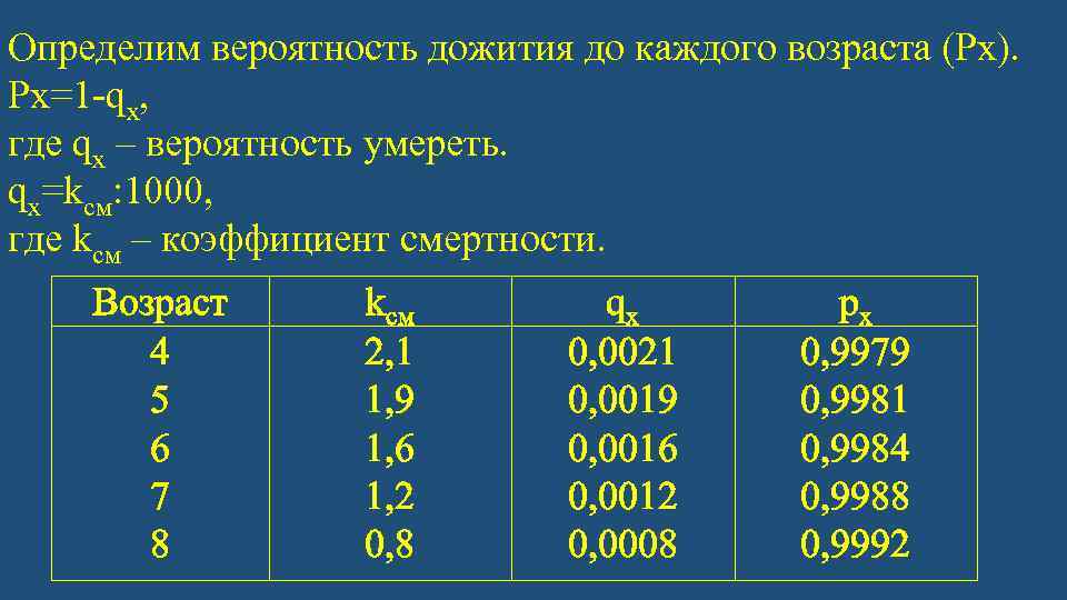 7 5 вероятность. Расчет коэффициента дожития. Вероятность дожития. Коэффициент дожития рассчитывается как. Вероятность дожития до определенного возраста.