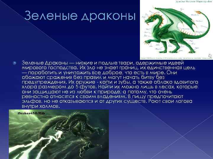 Зеленые драконы Зеленые Драконы — низкие и подлые твари, одержимые идеей мирового господства. Их