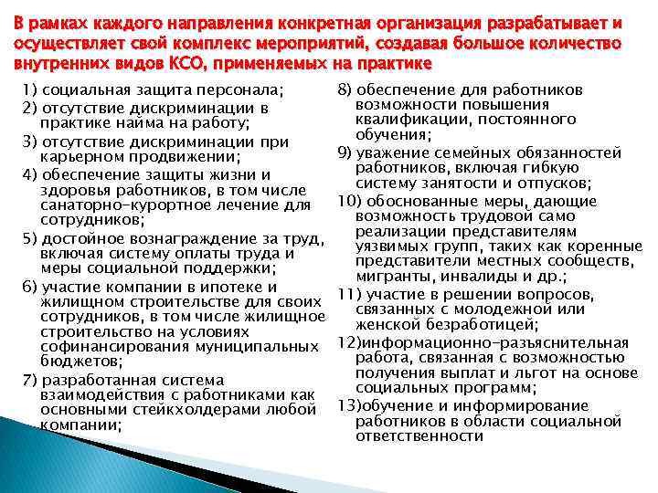 В рамках каждого направления конкретная организация разрабатывает и осуществляет свой комплекс мероприятий, создавая большое