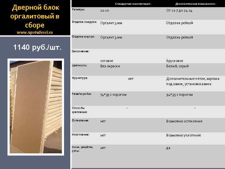 Дверной блок оргалитовый в сборе Стандартная комплектация: Дополнительные возможности: Размеры: 21 -10 От 21