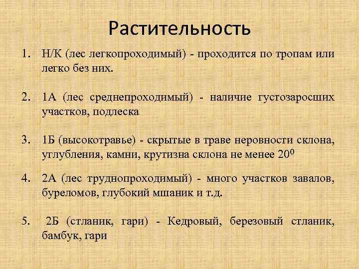 Растительность 1. Н/К (лес легкопроходимый) - проходится по тропам или легко без них. 2.