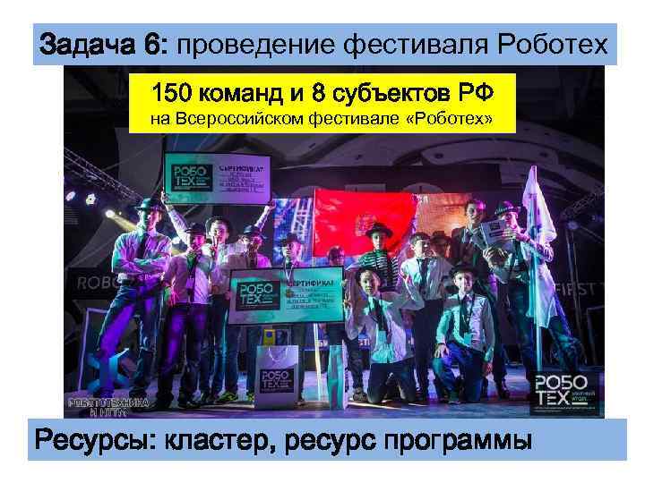 Задача 6: проведение фестиваля Роботех 150 команд и 8 субъектов РФ на Всероссийском фестивале