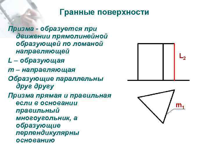 Гранные поверхности Призма - образуется при движении прямолинейной образующей по ломаной направляющей L –