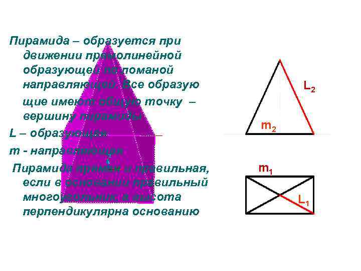 Пирамида – образуется при движении прямолинейной образующей по ломаной направляющей. Все образую щие имеют