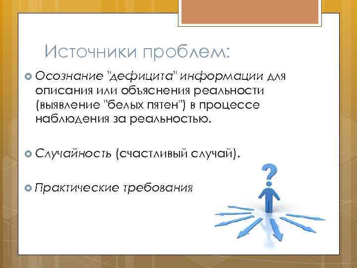 Источники проблем: Осознание "дефицита" информации для описания или объяснения реальности (выявление "белых пятен") в