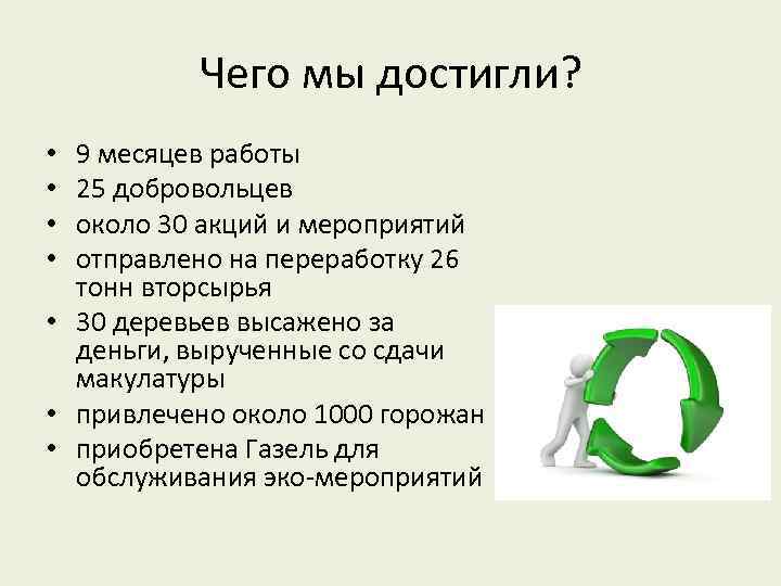 Чего мы достигли? 9 месяцев работы 25 добровольцев около 30 акций и мероприятий отправлено