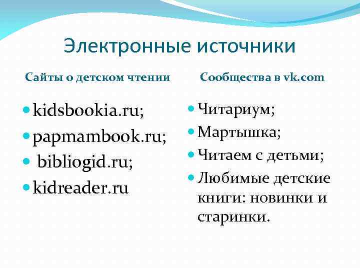 Электронные источники Сайты о детском чтении kidsbookia. ru; papmambook. ru; bibliogid. ru; kidreader. ru