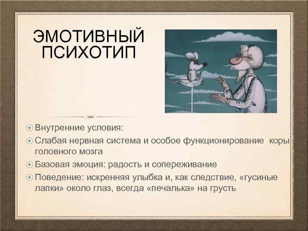 ЭМОТИВНЫЙ ПСИХОТИП ⦿ Внутренние условия: ⦿ Слабая нервная система и особое функционирование коры головного