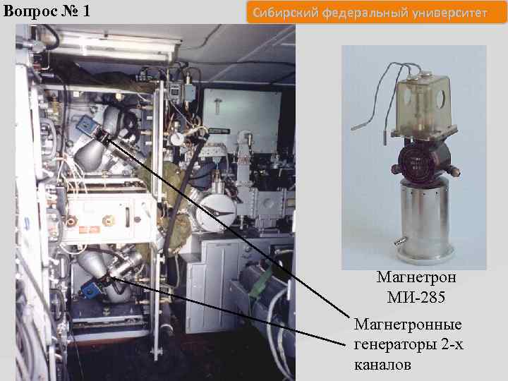 Вопрос № 1 Сибирский федеральный университет Магнетрон МИ-285 Магнетронные генераторы 2 -х каналов 