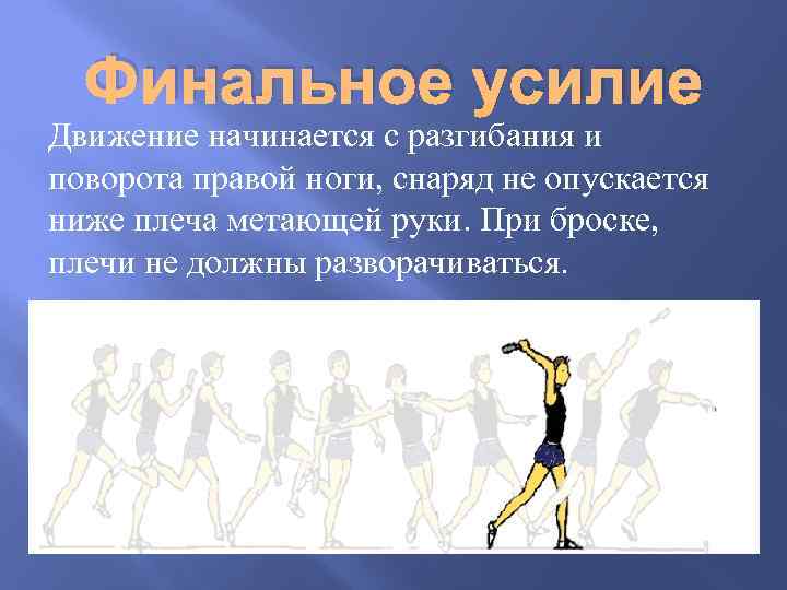 Финальное усилие Движение начинается с разгибания и поворота правой ноги, снаряд не опускается ниже