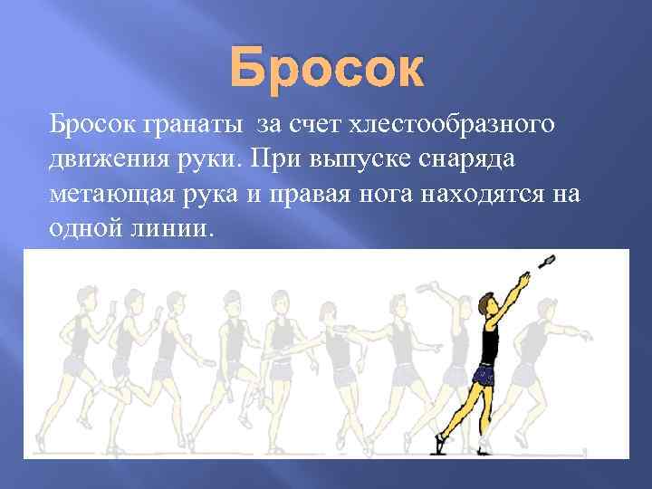 Бросок гранаты за счет хлестообразного движения руки. При выпуске снаряда метающая рука и правая