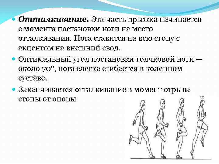  Отталкивание. Эта часть прыжка начинается с момента постановки ноги на место отталкивания. Нога