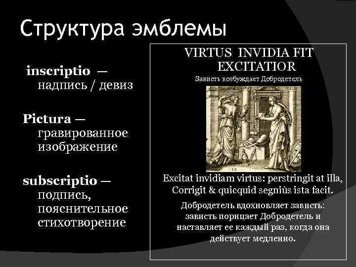 Структура эмблемы inscriptio — надпись / девиз VIRTUS INVIDIA FIT EXCITATIOR Зависть возбуждает Добродетель
