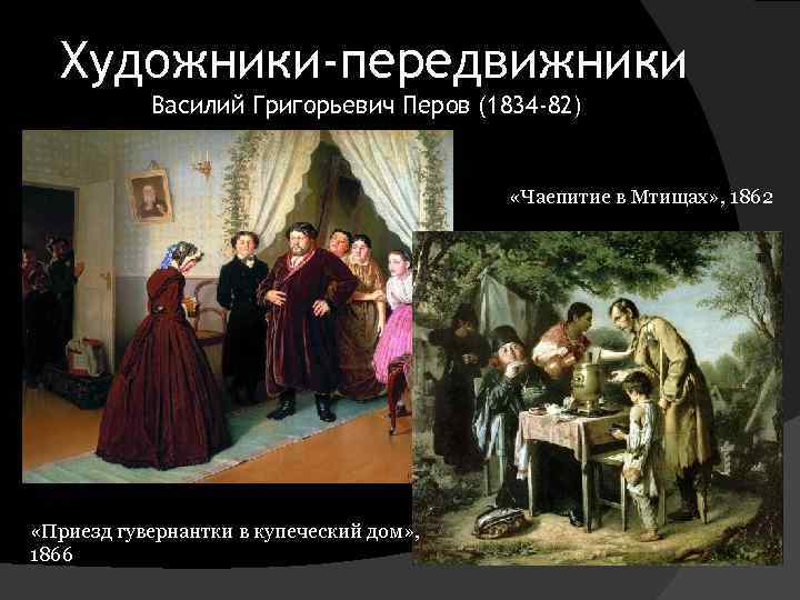 Художники-передвижники Василий Григорьевич Перов (1834 -82) «Чаепитие в Мтищах» , 1862 «Приезд гувернантки в