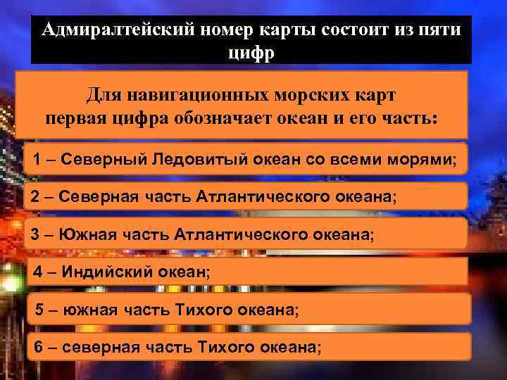 Адмиралтейский номер карты состоит из пяти цифр Для навигационных морских карт первая цифра обозначает