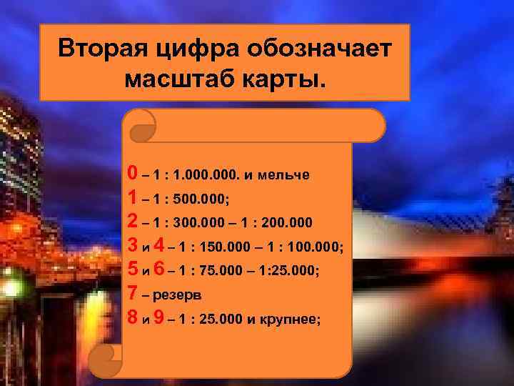 Вторая цифра обозначает масштаб карты. 0 – 1 : 1. 000. и мельче 1