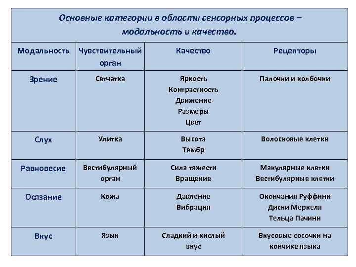  Основные категории в области сенсорных процессов – модальность и качество. Модальность Чувствительный орган