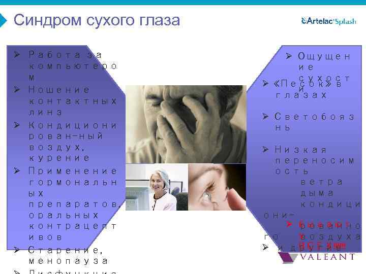 Синдром сухого глаза Ø Работа за компьютеро м Ø Ношение контактных линз Ø Кондициони