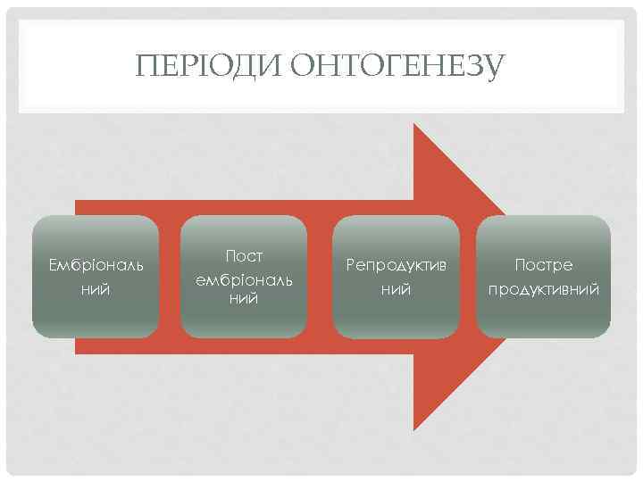 ПЕРІОДИ ОНТОГЕНЕЗУ Ембріональ ний Пост ембріональ ний Репродуктив ний Постре продуктивний 