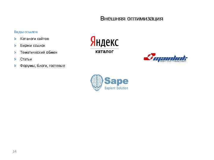 Внешняя оптимизация Виды ссылок Ø Каталоги сайтов Ø Биржи ссылок Ø Тематический обмен Ø