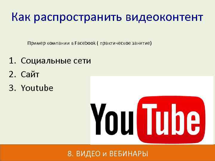 Как распространить видеоконтент Пример компании в Facebook ( практическое занятие) 1. Социальные сети 2.