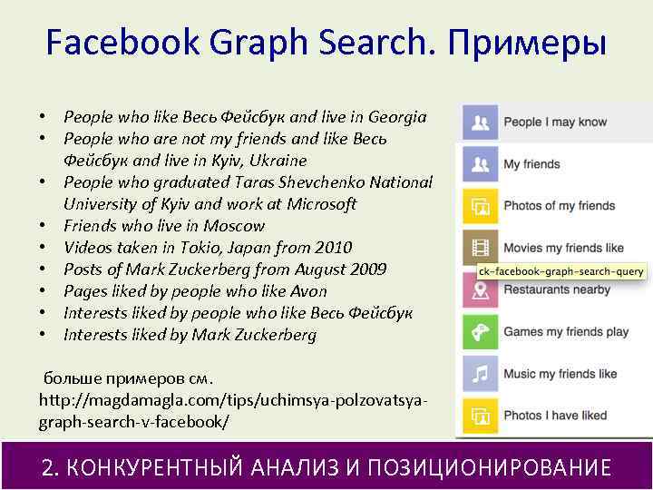 Facebook Graph Search. Примеры • People who like Весь Фейсбук and live in Georgia