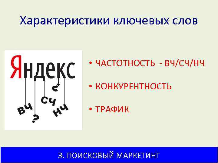 Характеристики ключевых слов • ЧАСТОТНОСТЬ - ВЧ/СЧ/НЧ • КОНКУРЕНТНОСТЬ • ТРАФИК 3. ПОИСКОВЫЙ МАРКЕТИНГ