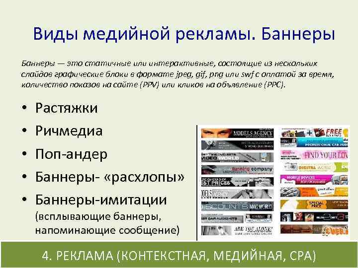 Виды медийной рекламы. Баннеры — это статичные или интерактивные, состоящие из нескольких слайдов графические