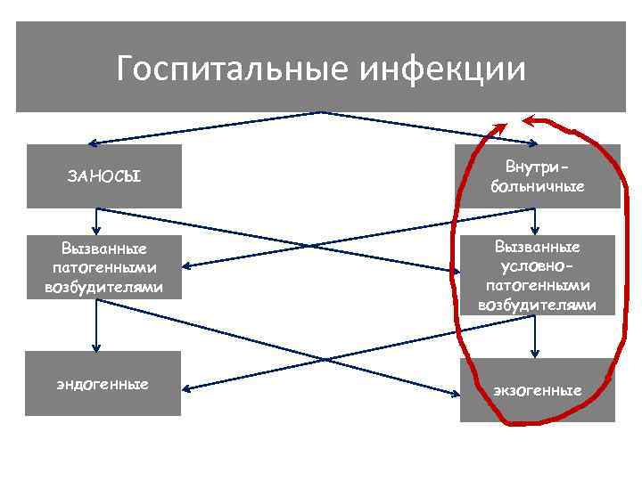 Госпитальные инфекции ЗАНОСЫ Внутрибольничные Вызванные патогенными возбудителями Вызванные условнопатогенными возбудителями эндогенные экзогенные 
