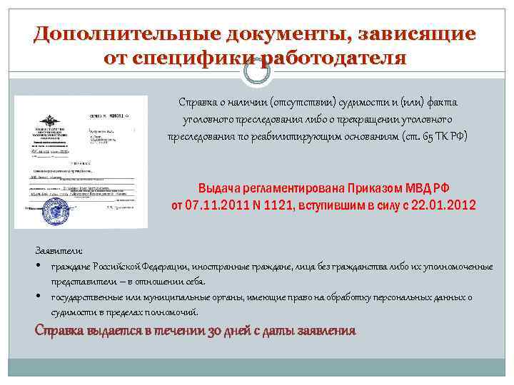 Дополнительные документы, зависящие от специфики работодателя Справка о наличии (отсутствии) судимости и (или) факта