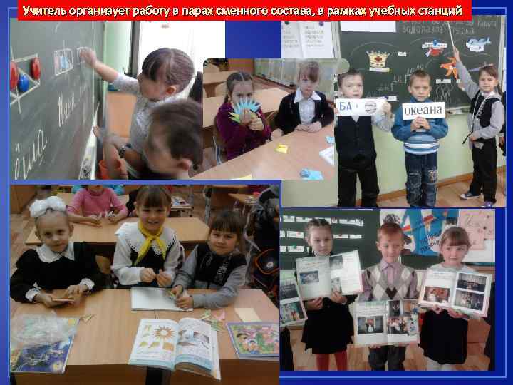 Учитель организует работу в парах сменного состава, в рамках учебных станций 