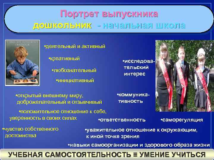 Портрет выпускника дошкольник - начальная школа • деятельный и активный • креативный • любознательный