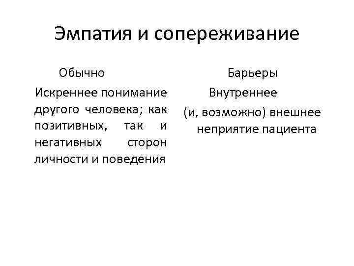 Эмпатия и сопереживание Обычно Искреннее понимание другого человека; как позитивных, так и негативных сторон