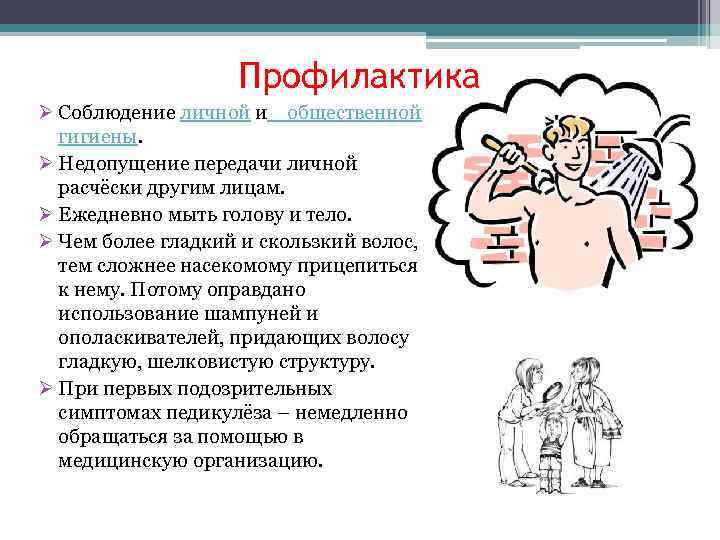 Профилактика Ø Соблюдение личной и общественной гигиены. Ø Недопущение передачи личной расчёски другим лицам.