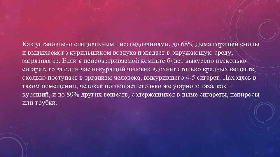 Как установлено специальными исследованиями, до 68% дыма горящей смолы и выдыхаемого курильщиком воздуха попадает