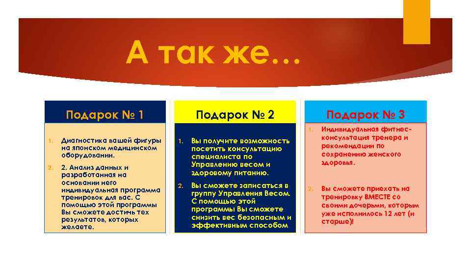 А так же… Подарок № 1 Подарок № 3 Подарок № 2 1. Диагностика