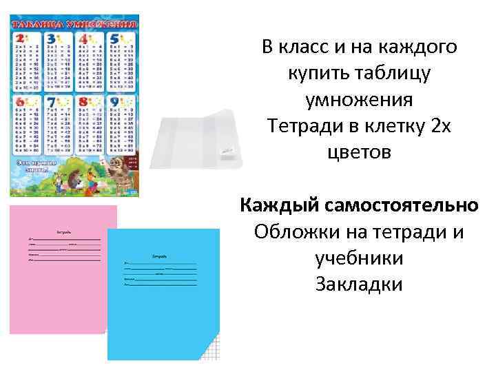 В класс и на каждого купить таблицу умножения Тетради в клетку 2 х цветов