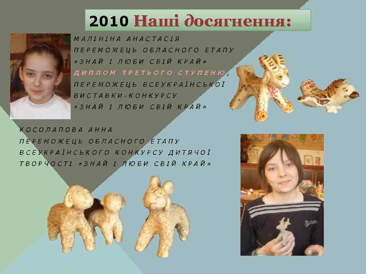 2010 Наші досягнення: МАЛІНІНА АНАСТАСІЯ ПЕРЕМОЖЕЦЬ ОБЛАСНОГО ЕТАПУ «ЗНАЙ І ЛЮБИ СВІЙ КРАЙ» ДИПЛОМ