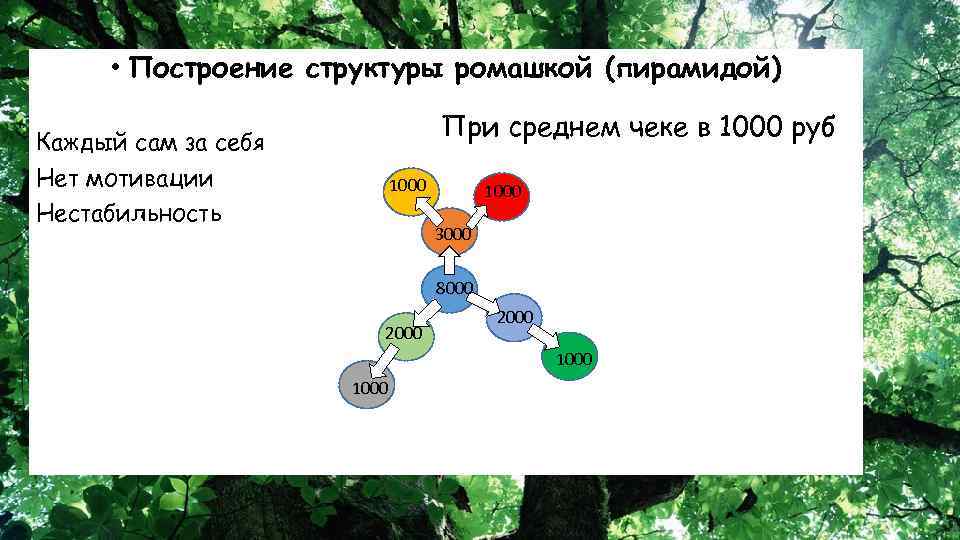  • Построение структуры ромашкой (пирамидой) При среднем чеке в 1000 руб Каждый сам