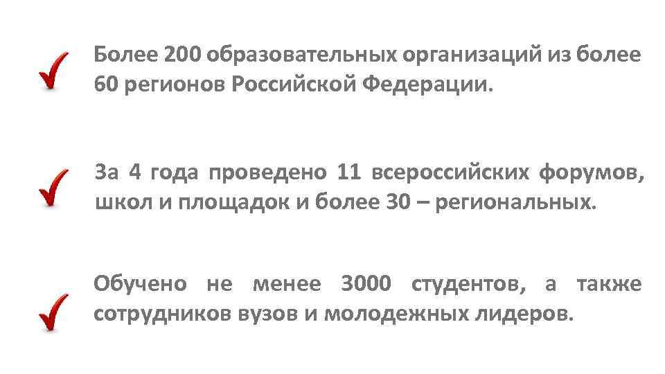 Более 200 образовательных организаций из более 60 регионов Российской Федерации. За 4 года проведено