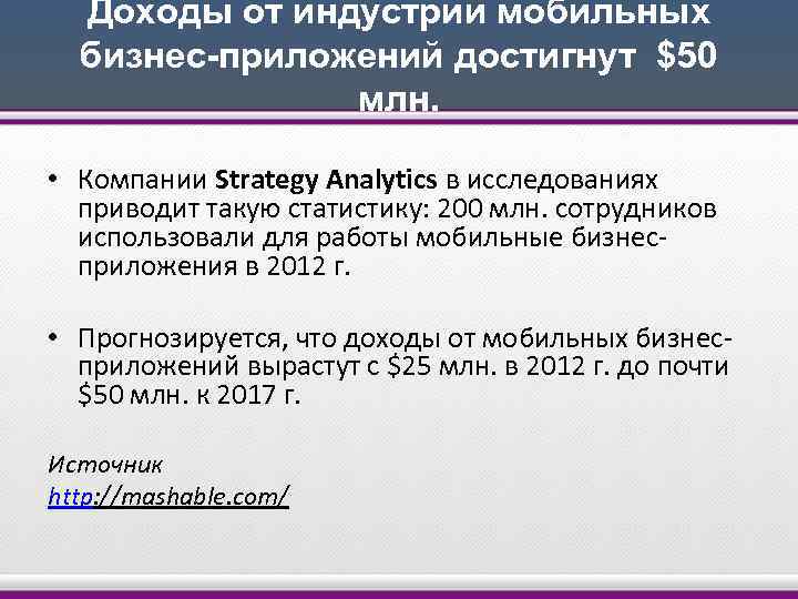 Доходы от индустрии мобильных бизнес-приложений достигнут $50 млн. • Компании Strategy Analytics в исследованиях