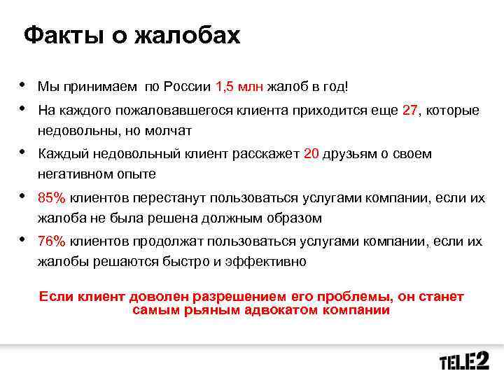 Факты о жалобах • • Мы принимаем по России 1, 5 млн жалоб в