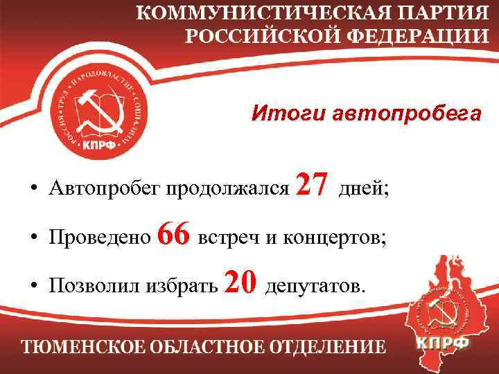 Итоги автопробега • Автопробег продолжался 27 дней; • Проведено 66 встреч и концертов; •