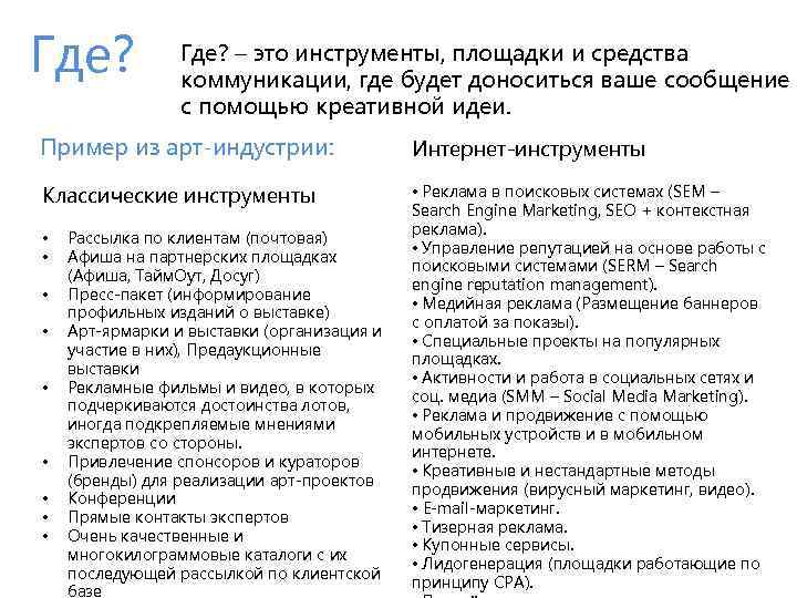 Где? – это инструменты, площадки и средства коммуникации, где будет доноситься ваше сообщение с