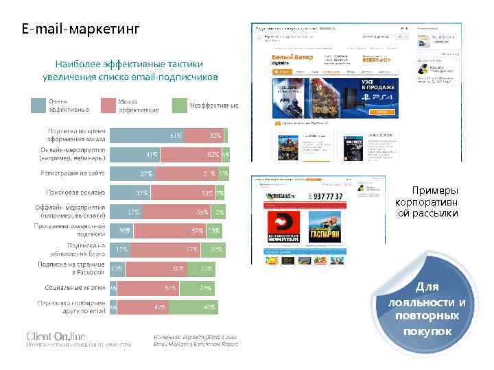 E-mail-маркетинг Примеры корпоративн ой рассылки Для лояльности и повторных покупок 