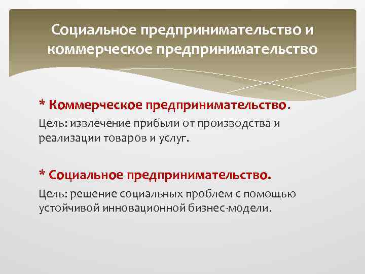 Социальное предпринимательство и коммерческое предпринимательство * Коммерческое предпринимательство. Цель: извлечение прибыли от производства и