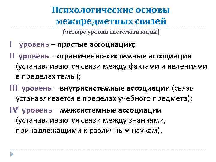 Психологические основы межпредметных связей (четыре уровня систематизации) I уровень – простые ассоциации; II уровень