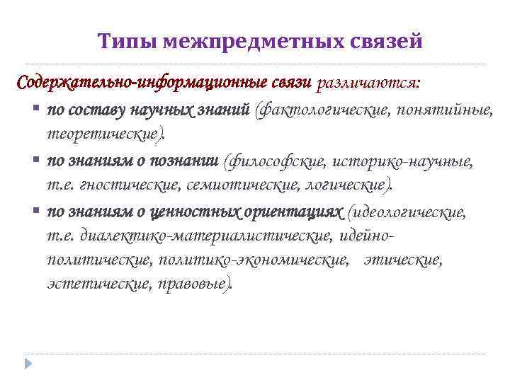 Типы межпредметных связей Содержательно-информационные связи различаются: § по составу научных знаний (фактологические, понятийные, теоретические).